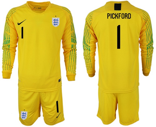 England #1 Pickford Yellow Long Sleeves Goalkeeper Soccer Country Jersey